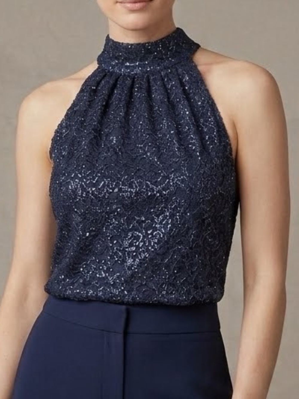 J.Crew Navy Blue Metallic Lace Halter Neck Top Sz S  Blouse Shimmer